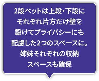 2段ベットは上段・下段にそれぞれ片方だけ壁を設けてプライバシーにも配慮した2つのスペースに。姉妹それぞれの収納スペースも確保