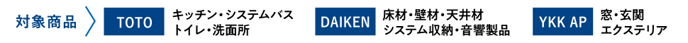 対象商品：TOTO「キッチン・システムバス・トイレ・洗面所」、DAIKEN「床材・壁材・天井材・システム収納・音響製品」、YKK AP「窓・玄関・エクステリア」
