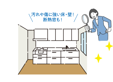 KITCHEN 汚れや傷に強い床・壁！断熱窓も！