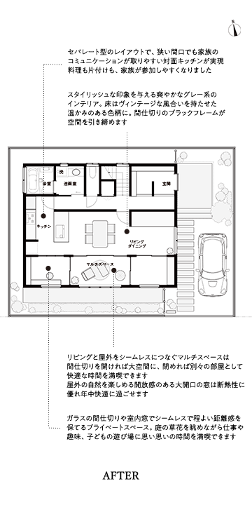 以前のリビングをガラス戸などで間仕切り、庭に面した部分に、多目的に使えるマルチスペースをつくりました。 AFTER