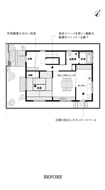 廊下や和室など利用頻度が少ないスペースを整理して、庭のある窓側に玄関と一体となったインナーテラスに変更しました。大開口窓を取り付け、開放感ある縁側のような場所に。
                BEFORE