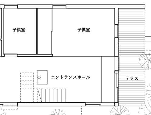 「浦和ハウス」1階平面図の一部。エントランスホールとオープンにつながる子ども部屋は幼い弟2人の遊び場で、隣に壁で囲んだ長男の個室をレイアウトしています。