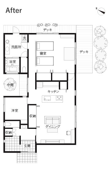 戸建ての平屋。使い道に困る和室の続き間を、居住者にとって快適で便利なLDK＆寝室空間に変更。寝室には屋外と一体につながる大きな窓とデッキを設置。プライバシーにも配慮してフェンスやシャッターを採用しました。 AFTER