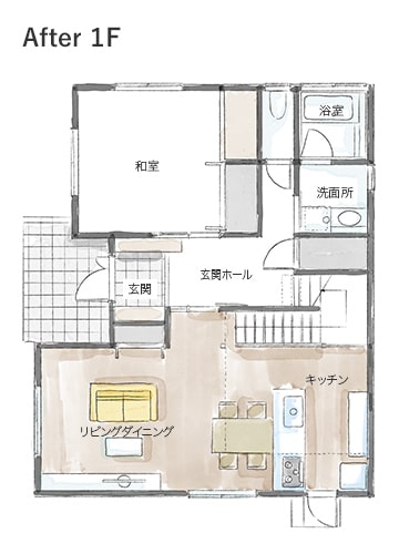 玄関ホールから直接2階に上がる階段を、リビング内に一体化。ダイニングキッチンの上部にあった部屋をひとつなくして吹き抜けに。手すり壁のない軽快なデザインのリビング階段にしたことで、家族のふれあいが増えました。 AFTER