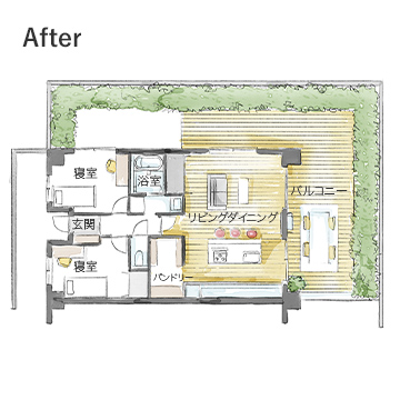 対面キッチンを採用し、バルコニーにすぐ出られる掃き出し窓付近にレイアウト。バルコニーにはウッドデッキを敷設。キッチン横に大容量のパントリーを設けて、キッチン周りをすっきりと保てるようにしました。 AFTER