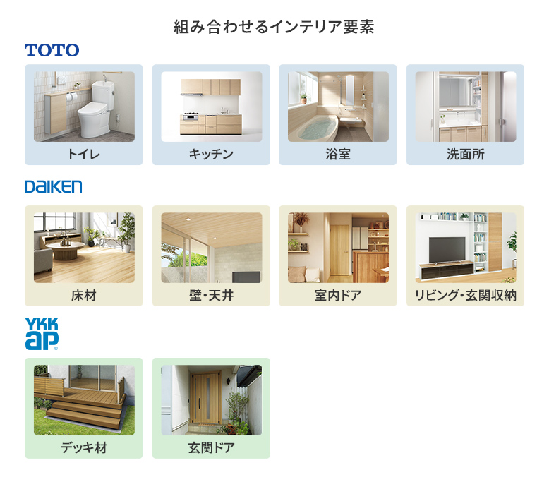 【組み合わせるインテリア要素】TOTO｜トイレ、キッチン、浴槽、洗面所、DAIKEN｜床、壁・天井・室内ドア、リビング・玄関収納、YKK AP｜デッキ材、玄関ドア