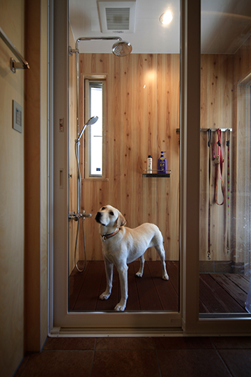 屋外から直接入れる愛犬用シャワールーム。壁面にはリード用のフックを設置しました（写真／前田敦計画工房）