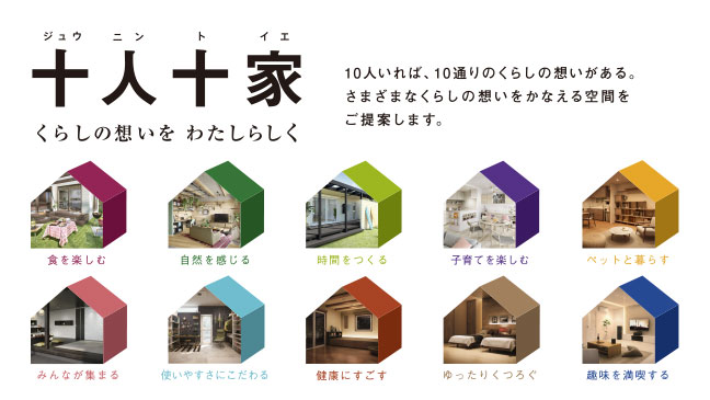 新プラン登場! 十人十家 くらしの想いを わたしらしく 10人いれば、10通りのくらしの想いがある。さまざまなくらしの想いをかなえる空間をご提案します。