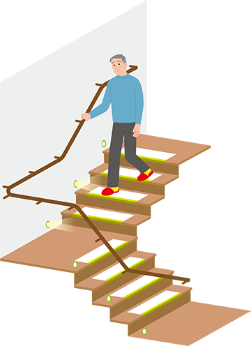 階段で足をのせる踏面と踏面を支えている蹴込の色を変え、足元を照らす照明を取り付けるとより安全に。