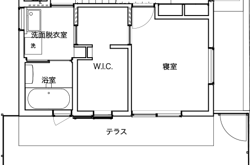 「世田谷ハウス」の1階平面図の一部。寝室、ウォークスルークローゼット、洗濯機を置いた洗面脱衣室が直線上に配置されています。クローゼットはテラスにも直結。