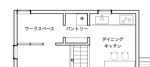 「国立ハウス2」2階平面図の一部。パントリーの左右にダイニングキッチンとワークスペースを振り分けたレイアウト。