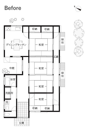 戸建ての平屋。使い道に困る和室の続き間を、居住者にとって快適で便利なLDK＆寝室空間に変更。寝室には屋外と一体につながる大きな窓とデッキを設置。プライバシーにも配慮してフェンスやシャッターを採用しました。 BEFORE